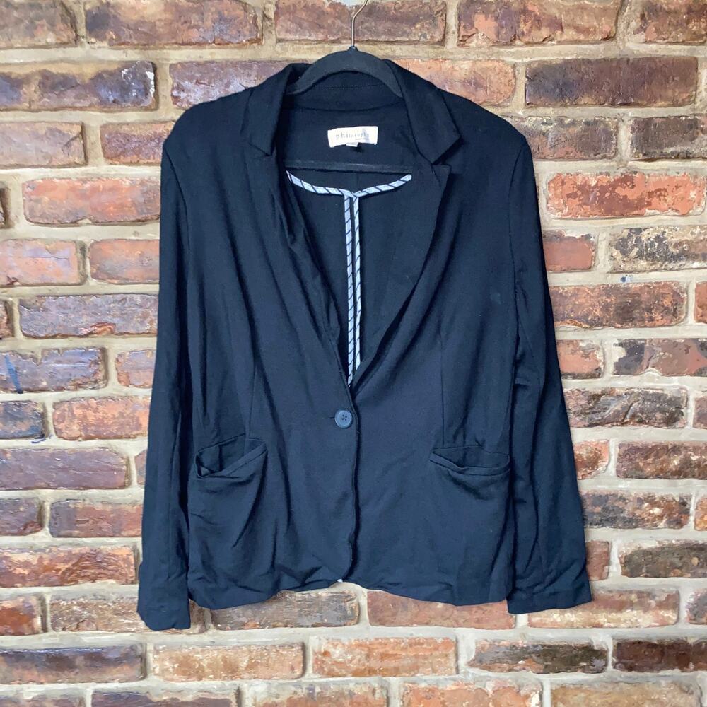 Philosophy Black Ponte Knit Stretch One Single Button Blazer Jacket Size Medium